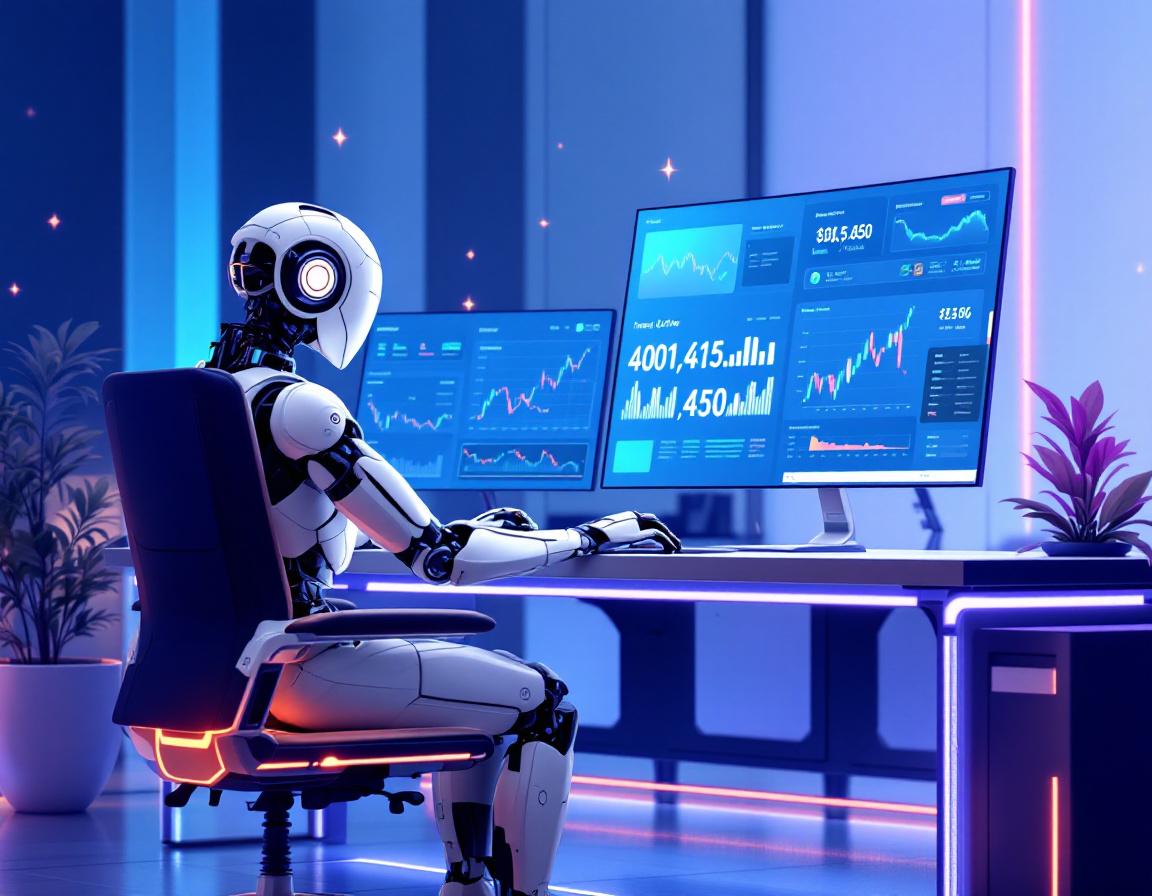 A hyper-realistic AI trading bot at a high-tech workstation analyzing stock and crypto market data.