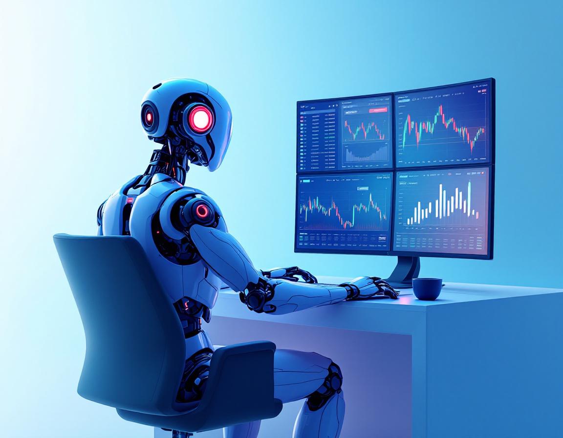 A humanoid AI trading bot at a high-tech workstation analyzes market data across multiple screens.