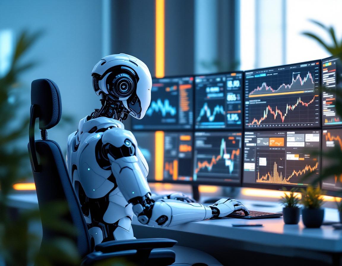 A futuristic AI trading bot analyzes data at a high-tech workstation with multiple finance screens.