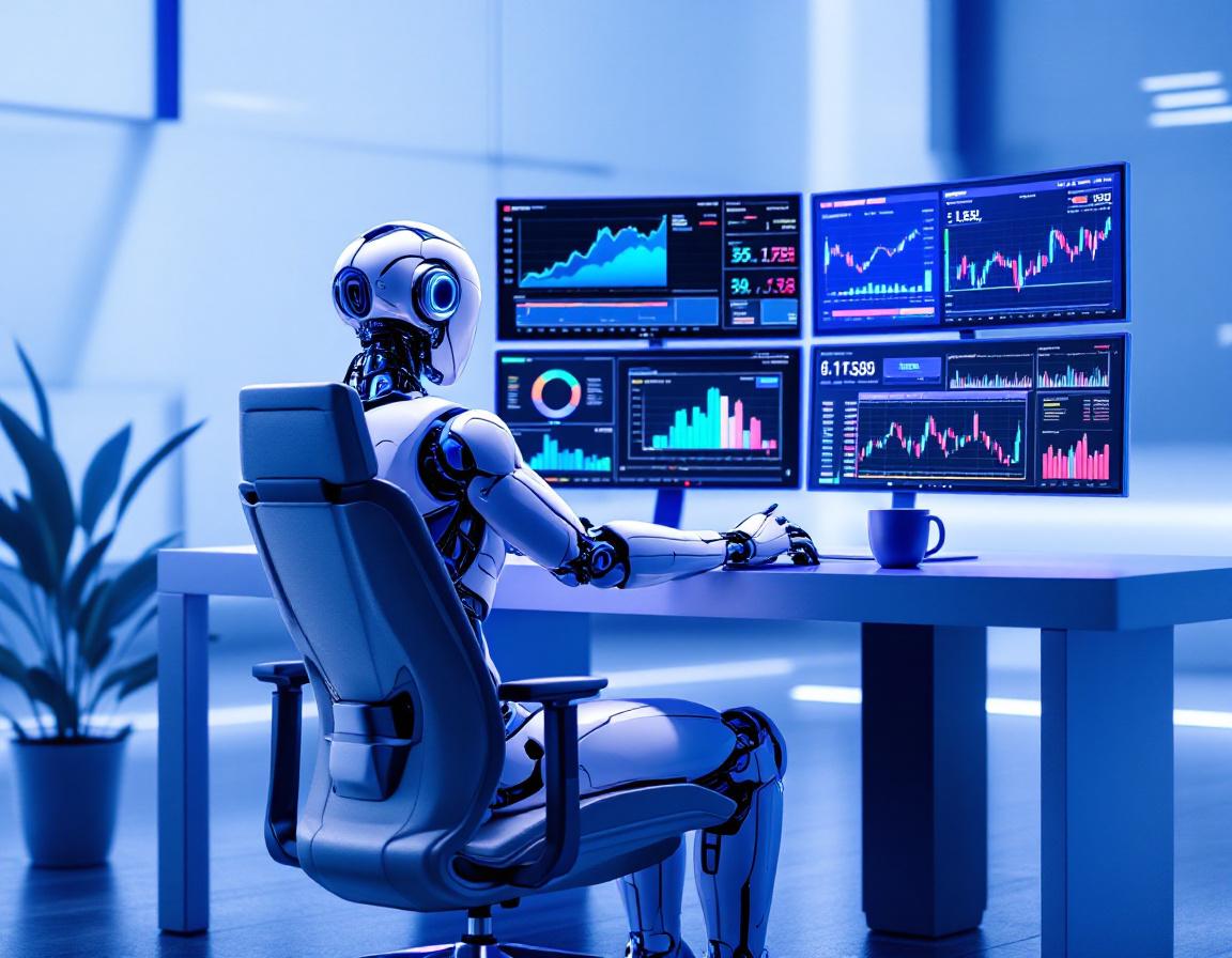 A humanoid AI trading bot analyzes market data at a sleek workstation with multiple trading screens.