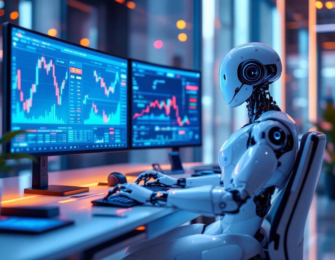 A humanoid AI trading bot at a high-tech workstation analyzing market data with multiple screens.