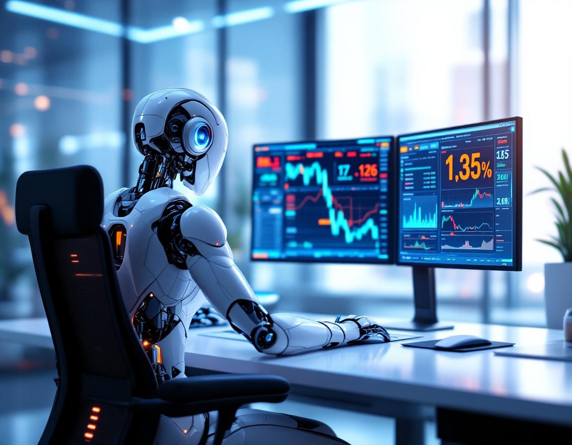 A highly detailed AI trading bot at a high-tech workstation analyzes crypto and stock market data.