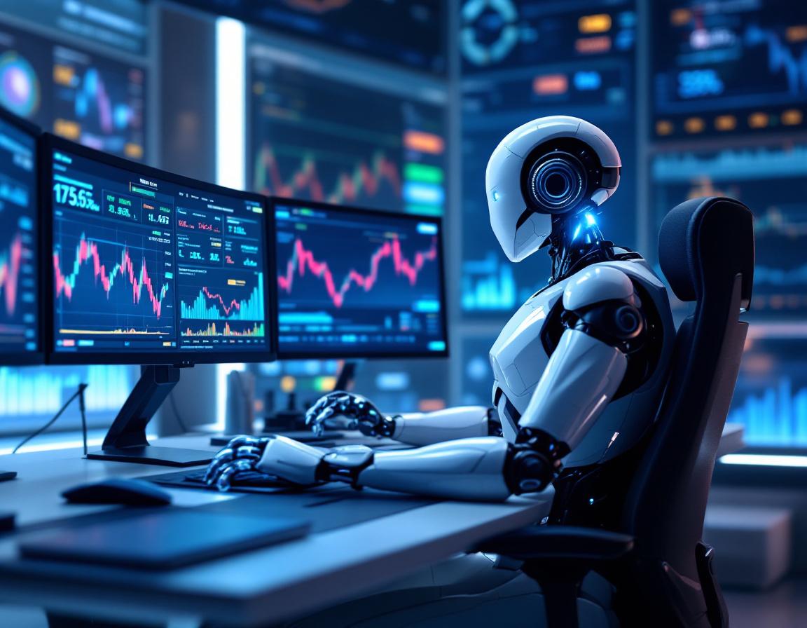 A humanoid AI trading bot analyzes market data at a high-tech workstation, displaying crypto charts.