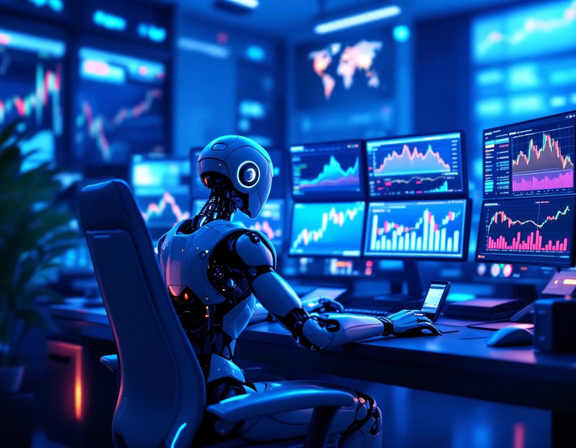 A humanoid AI trading bot analyzes market data at a high-tech workstation with glowing screens.