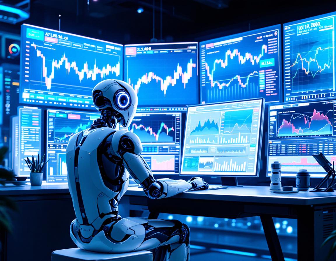 A hyper-realistic AI trading bot at a workstation analyzing crypto market data on multiple screens.