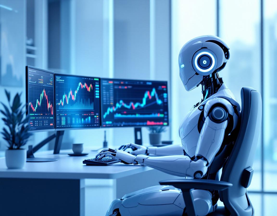 A humanoid AI trading bot at a workstation analyzing stock and crypto data on multiple screens.