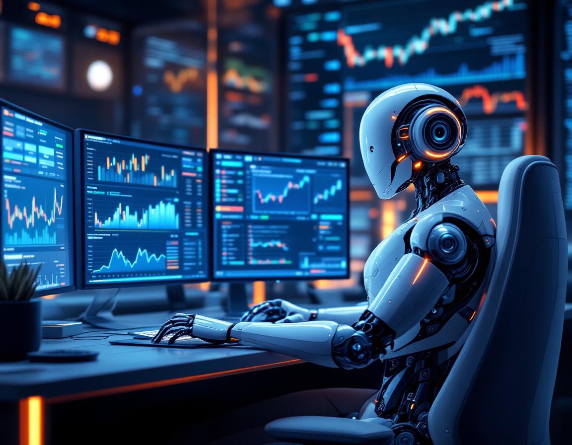 A hyper-realistic AI trading bot analyzes market data in a high-tech workstation, displaying charts.