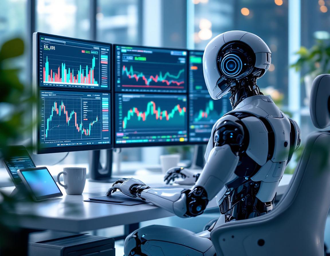 A sleek AI trading bot analyzes market data at a high-tech workstation with glowing screens around.