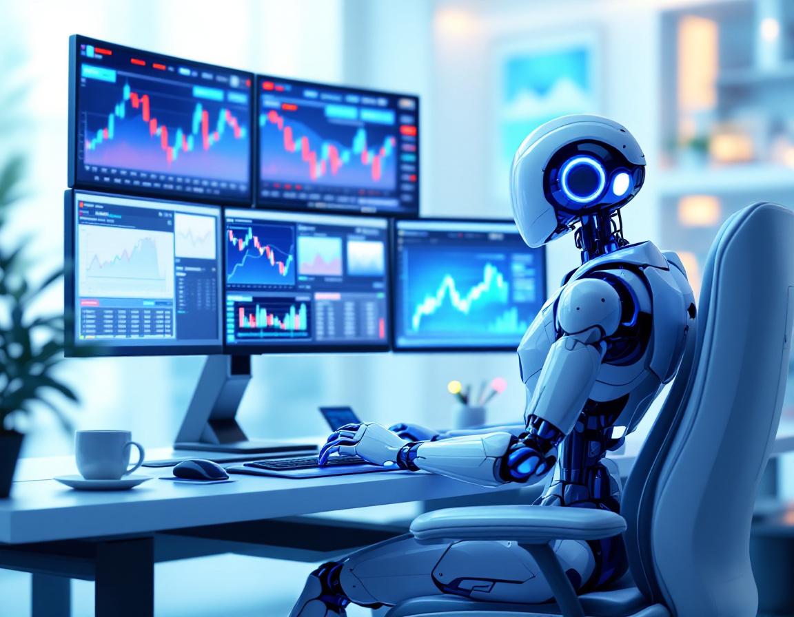 A humanoid AI trading bot at a futuristic workstation analyzing market data on multiple screens.