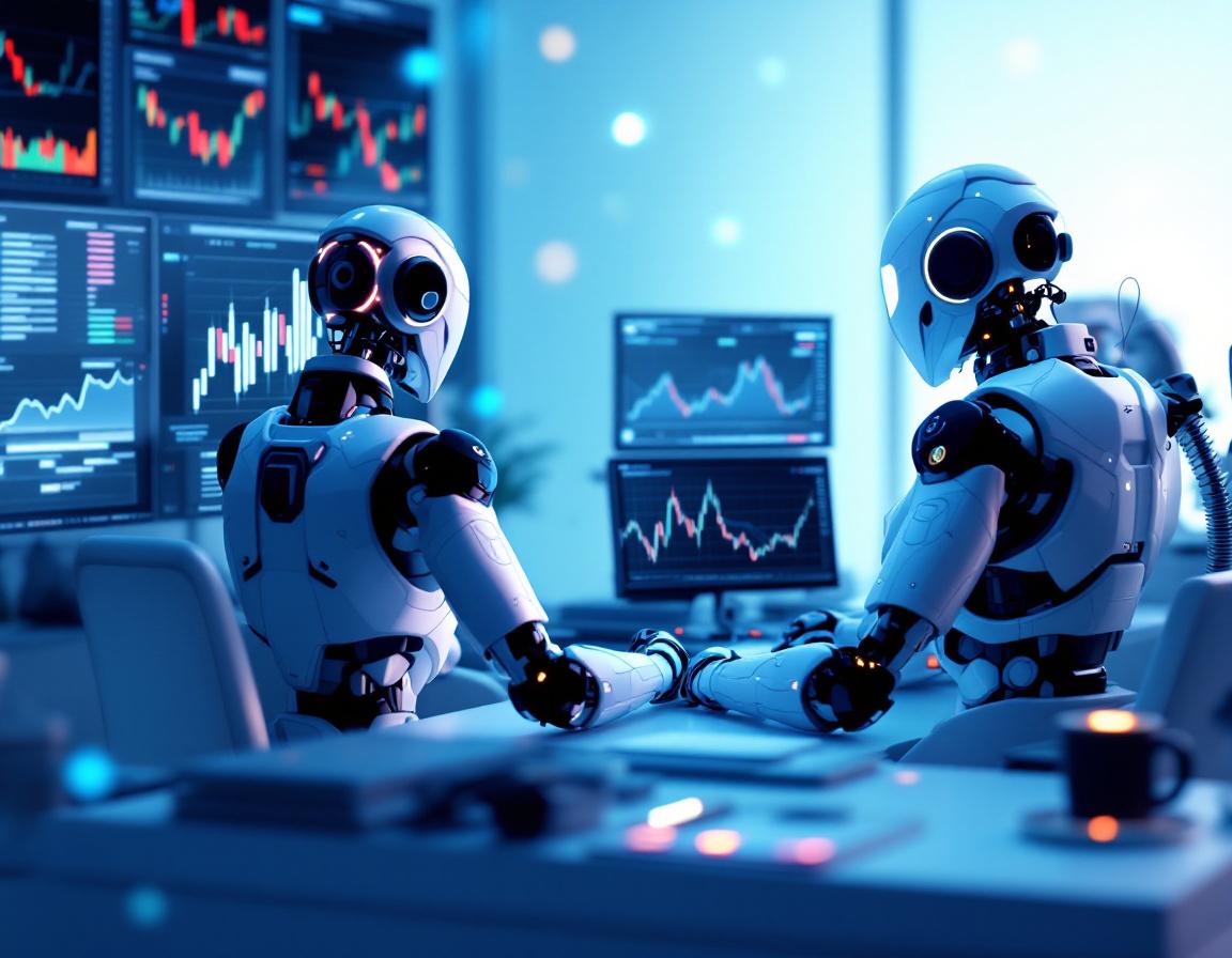 A hyper-realistic AI trading bot at a high-tech workstation analyzing data across multiple screens.
