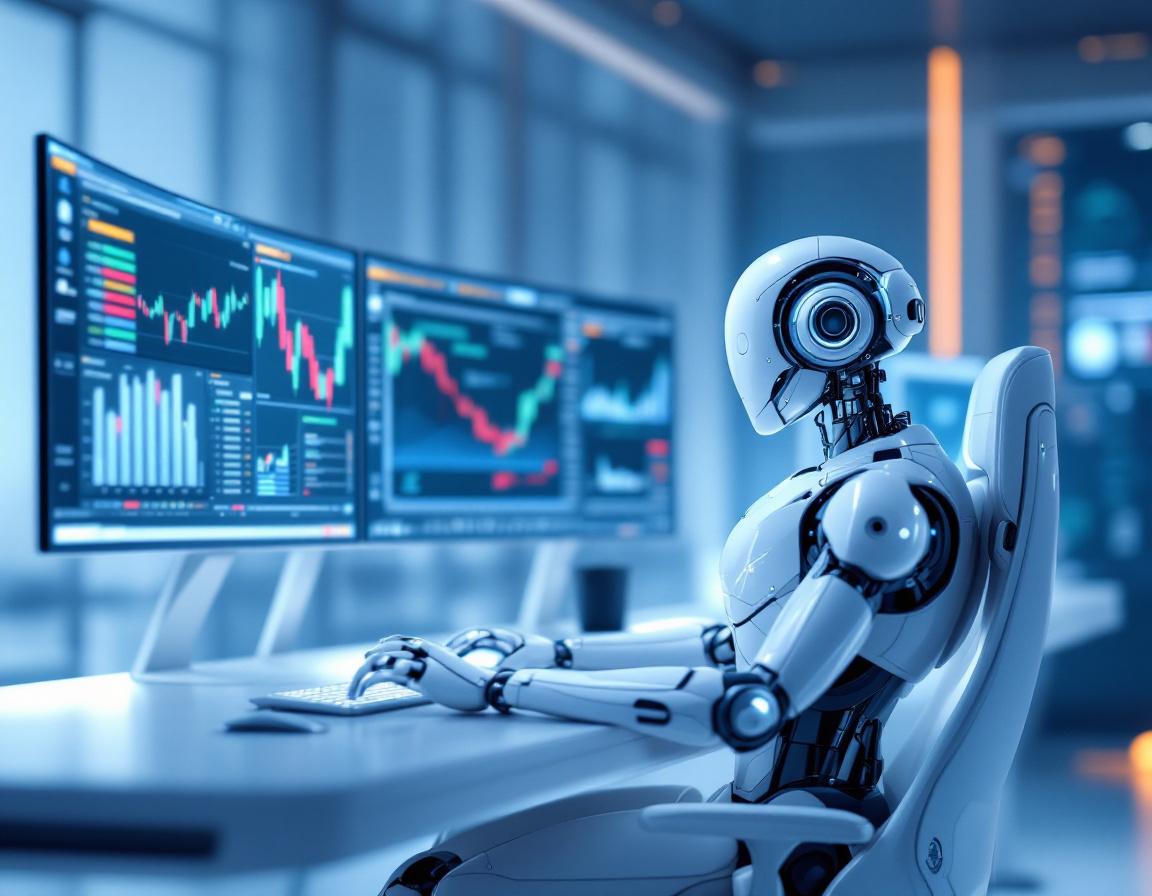 A humanoid AI trading bot analyzes market data at a high-tech workstation with glowing screens.