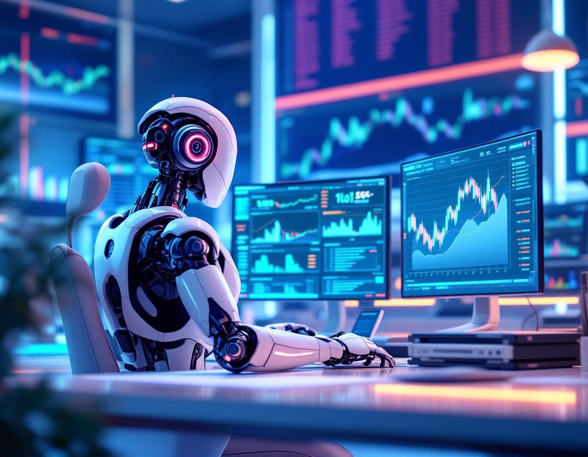 A humanoid AI trading bot at a high-tech workstation analyzing market data on multiple screens.