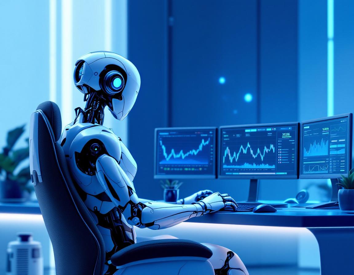 A humanoid AI trading bot at a high-tech workstation analyzes market data on multiple screens.