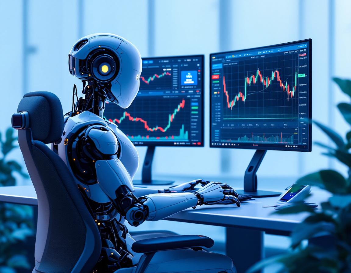 A humanoid AI trading bot seated at a workstation, analyzing market data on multiple screens in 3D.