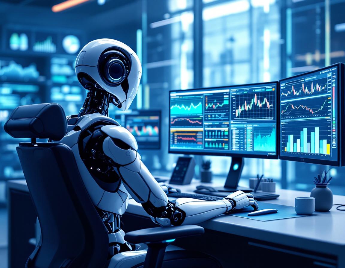 A humanoid AI trading bot analyzes market data at a high-tech workstation with multiple screens.