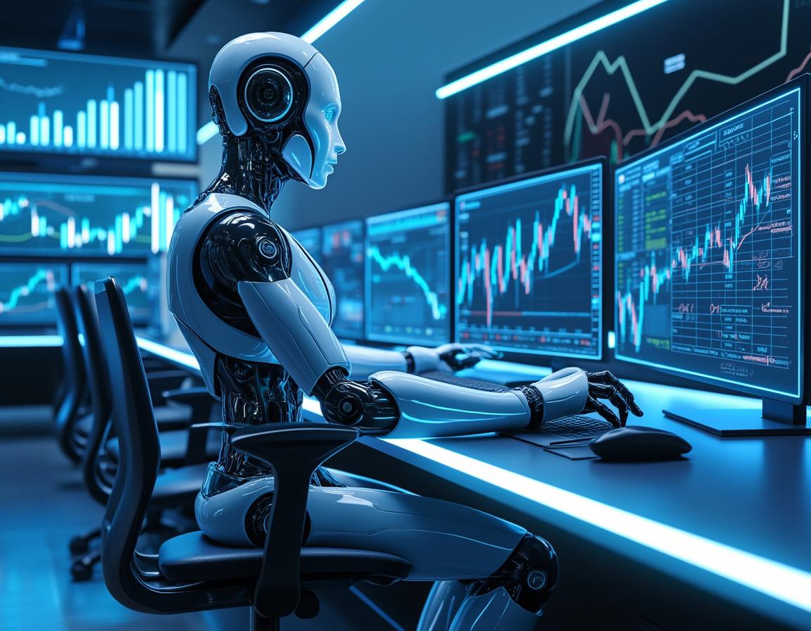 A humanoid AI trading bot analyzes data on multiple screens in a futuristic financial environment.