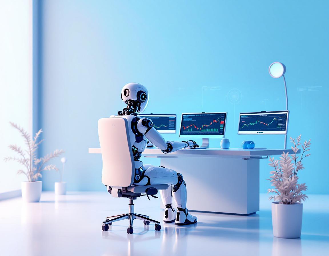 A hyper-realistic AI trading bot at a futuristic workstation, analyzing data on multiple screens.