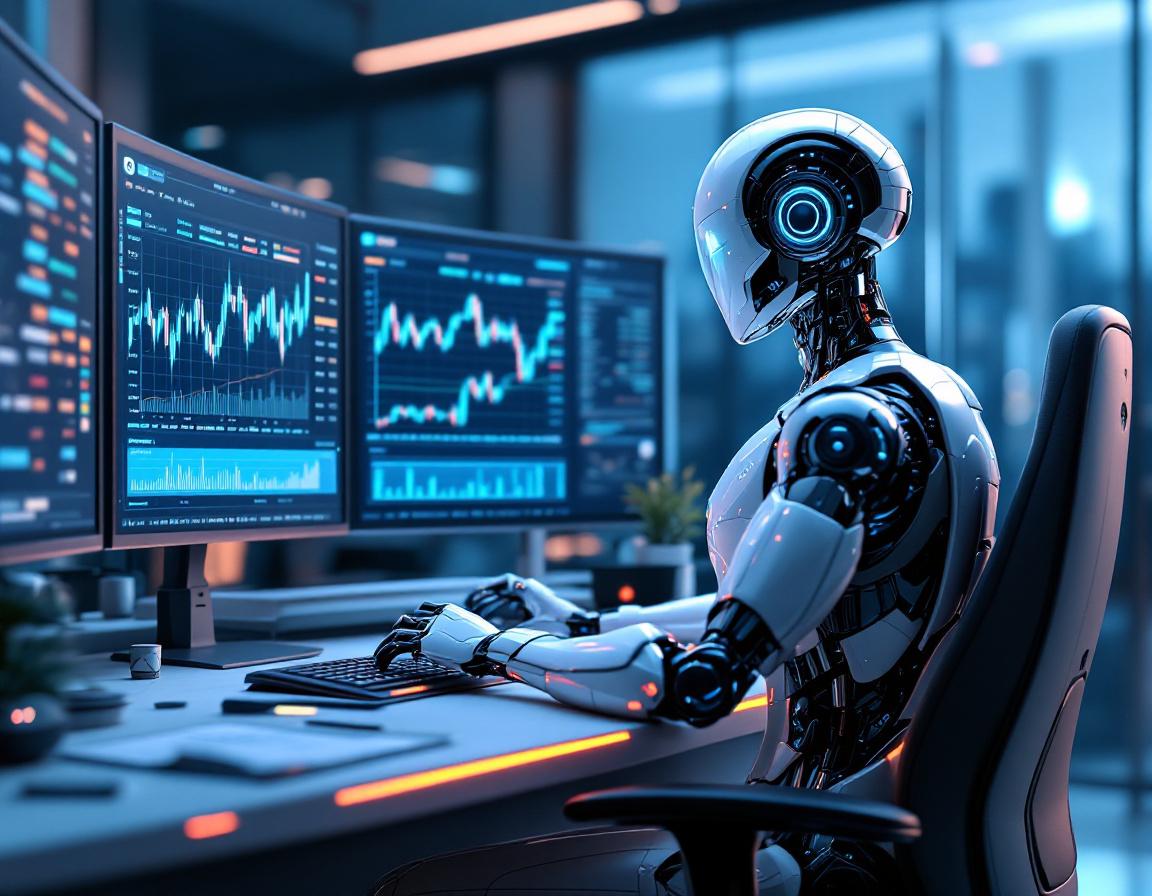 A hyper-realistic AI trading bot analyzes data at a sleek workstation with stock and crypto charts.