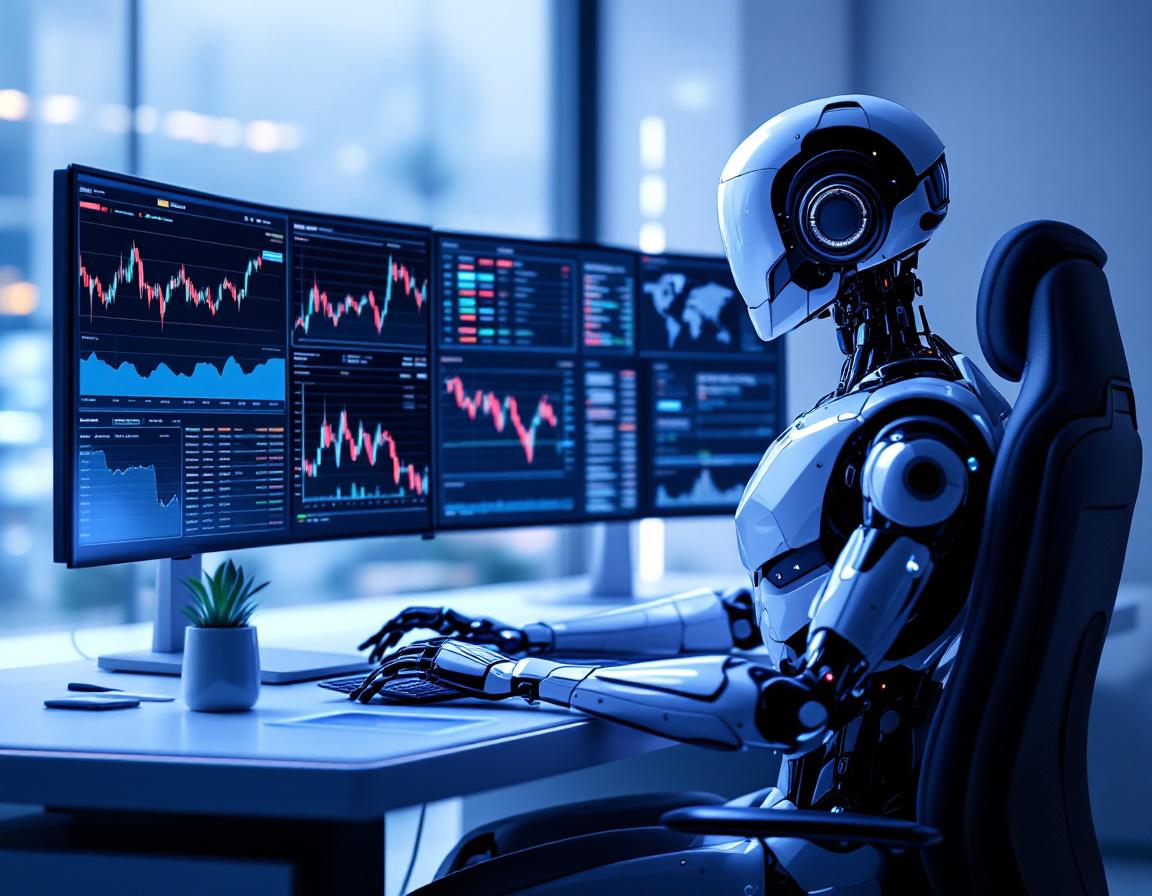A humanoid AI trading bot at a high-tech workstation analyzing crypto data on multiple screens.