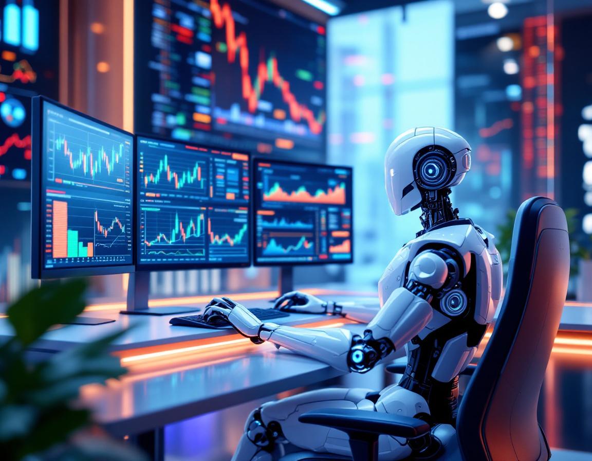 A hyper-realistic AI trading bot at a workstation, analyzing market data on multiple screens.