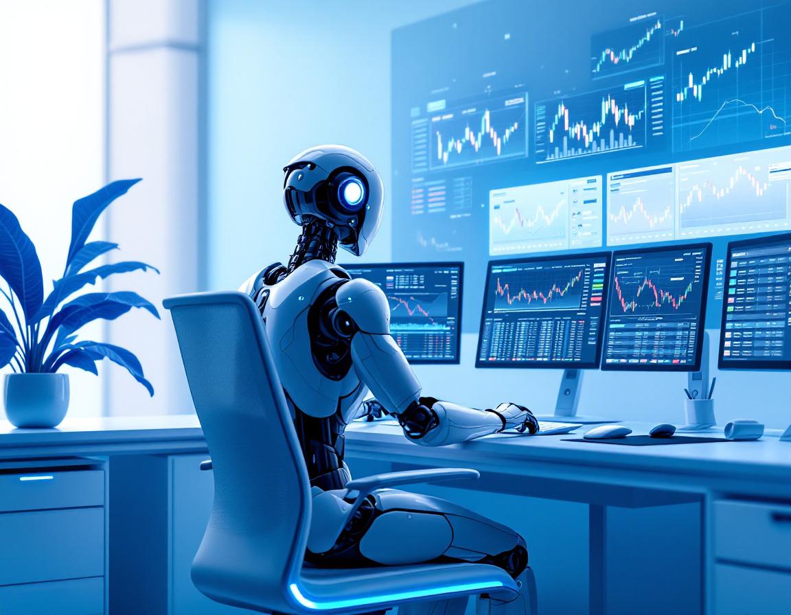 A futuristic AI trading bot analyzes market data at a high-tech workstation with vibrant screens.