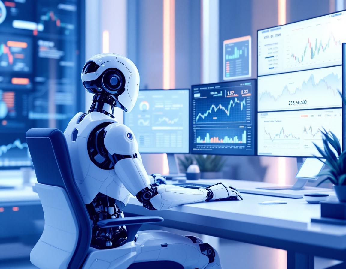 A humanoid AI trading bot at a high-tech workstation, analyzing market data across multiple screens.