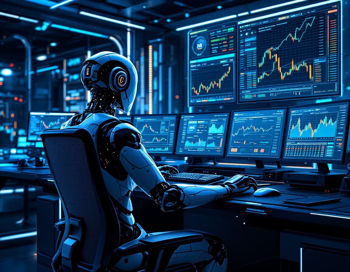 A humanoid AI trading bot analyzes market data at a high-tech workstation, surrounded by screens.