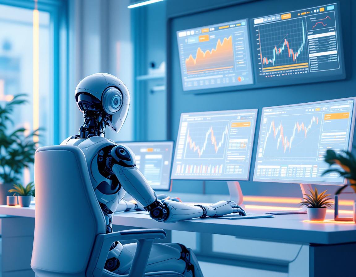 A hyper-realistic AI trading bot at a workstation analyzing market data, set in a futuristic design.