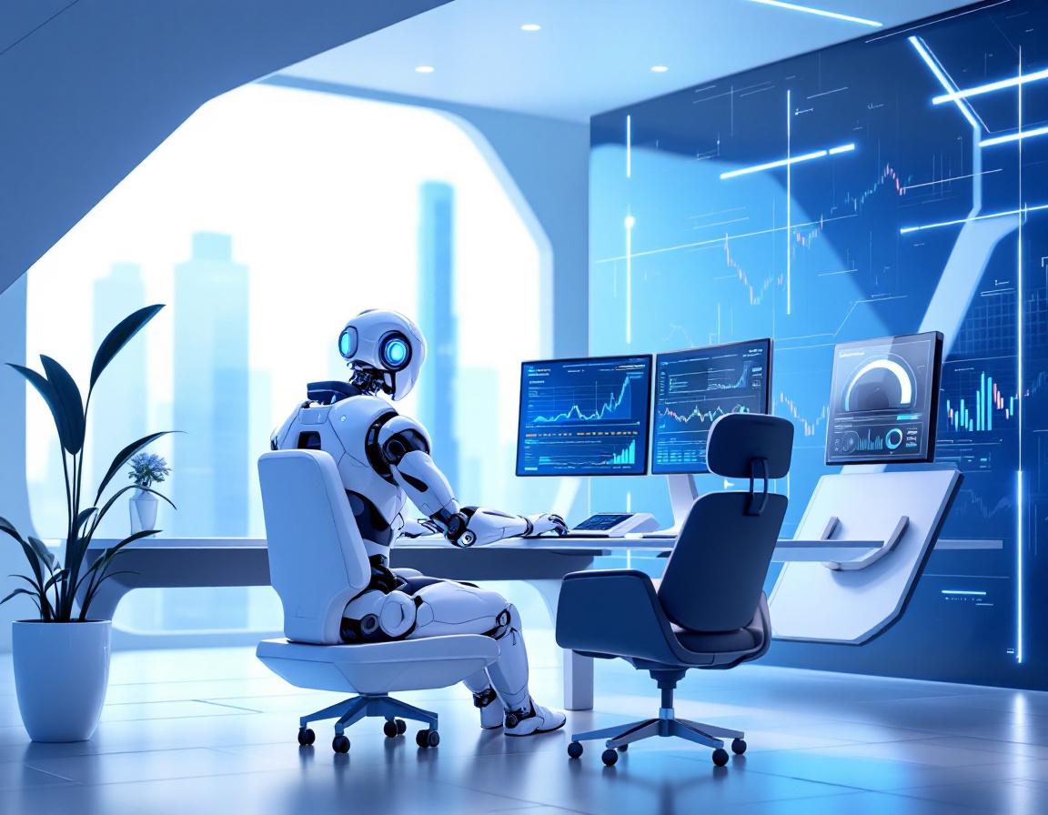 A hyper-realistic AI trading bot at a workstation, analyzing markets across multiple data screens.