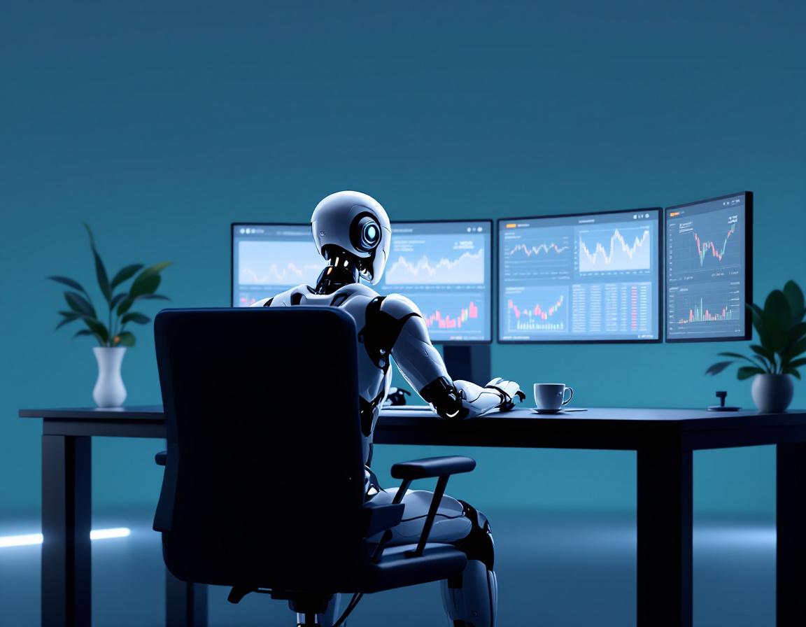 A humanoid AI trading bot analyzes market data at a high-tech workstation, surrounded by screens.