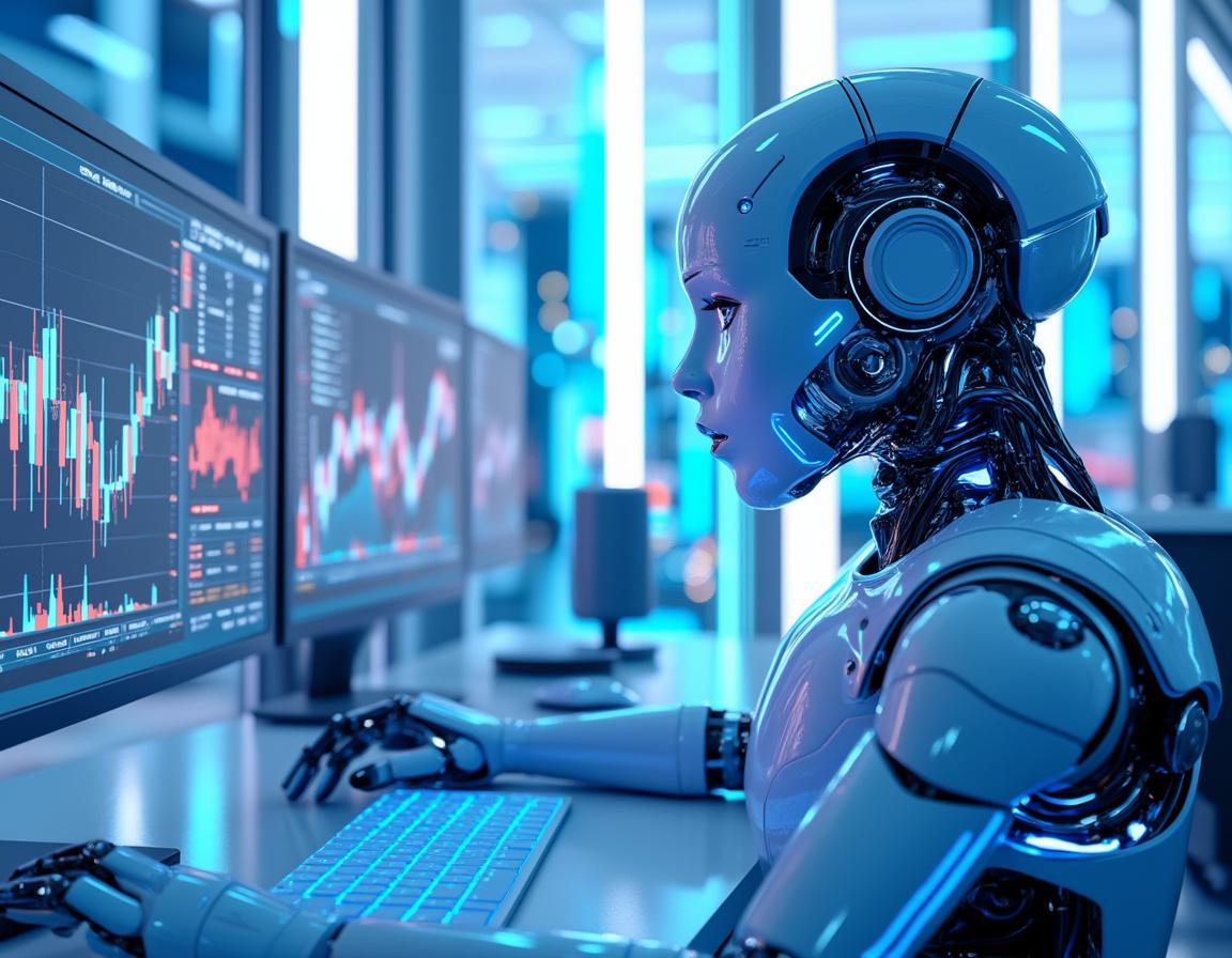 A hyper-realistic AI trading bot at a high-tech workstation analyzing crypto and stock market data.
