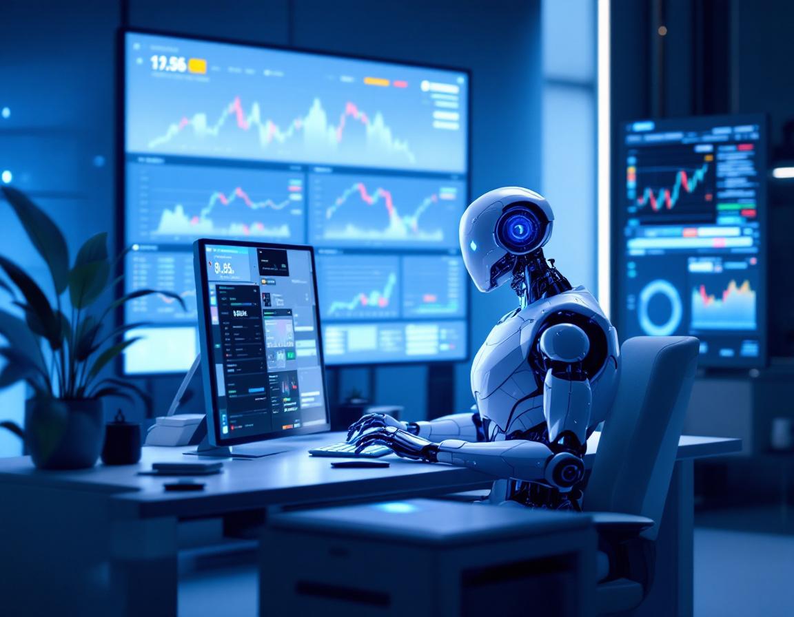 A hyper-realistic AI trading bot in a futuristic setting analyzing market data on multiple screens.