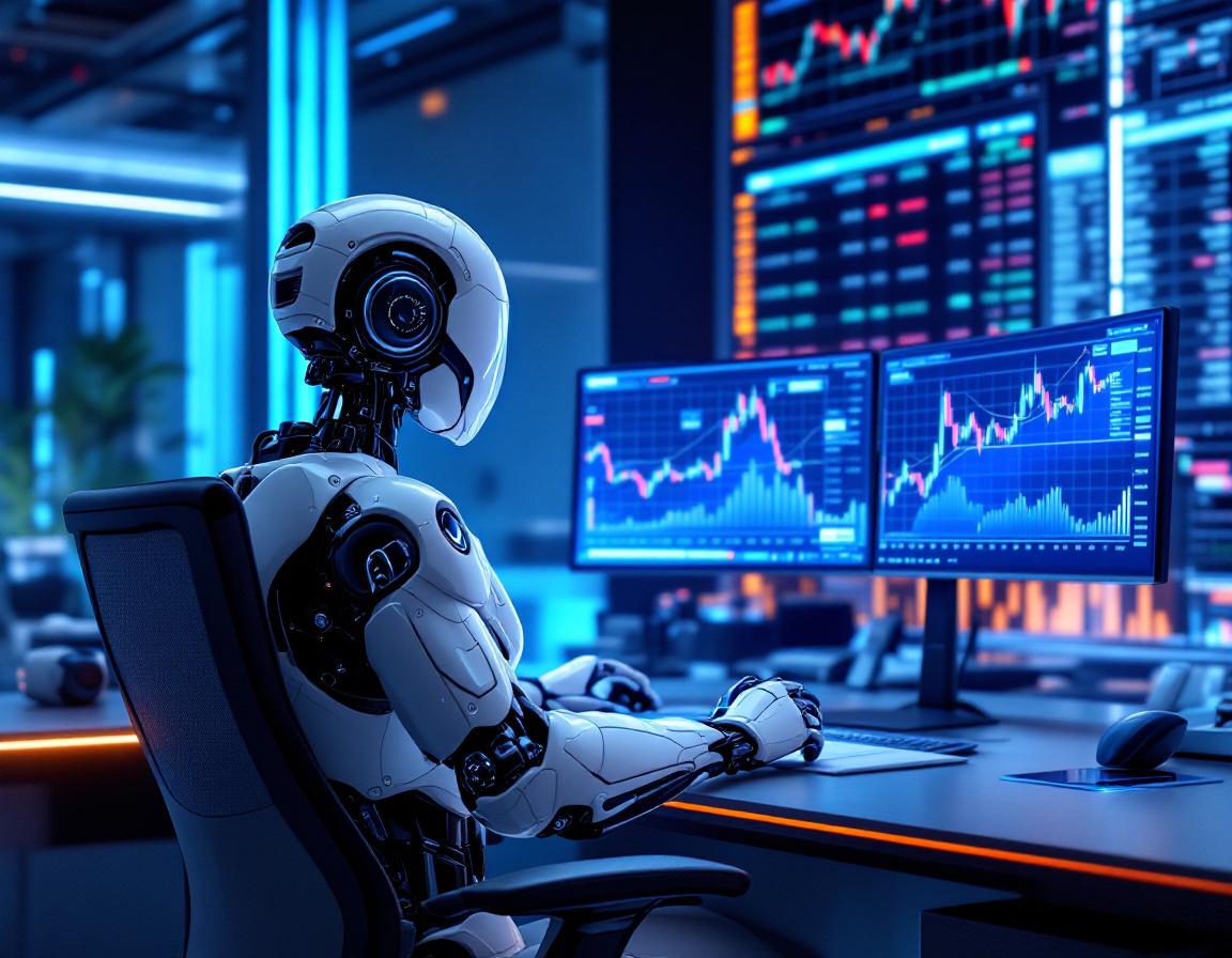 A humanoid AI trading bot in a high-tech setting, analyzing data across multiple market screens.
