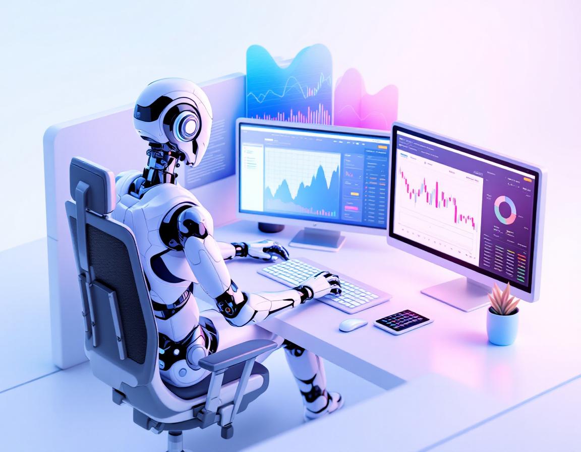 A humanoid AI trading bot at a high-tech workstation, analyzing market data on multiple screens.