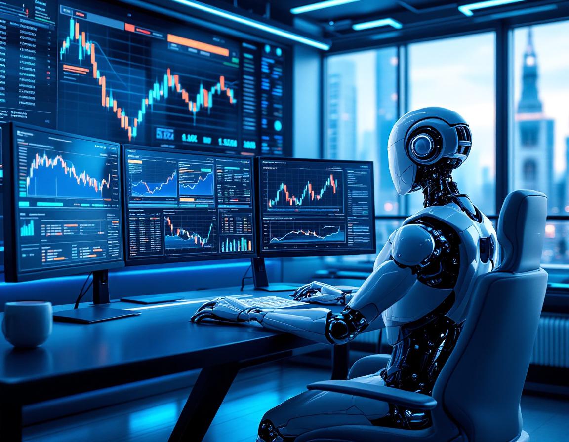 A hyper-realistic AI trading bot at a workstation, analyzing market data on multiple screens.