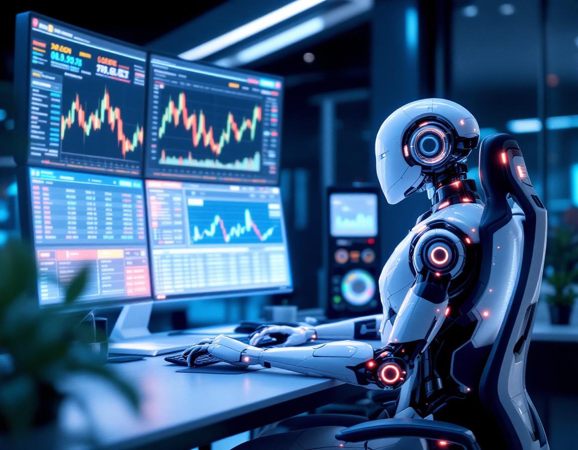 A hyper-realistic AI trading bot at a workstation, analyzing market data across multiple screens.