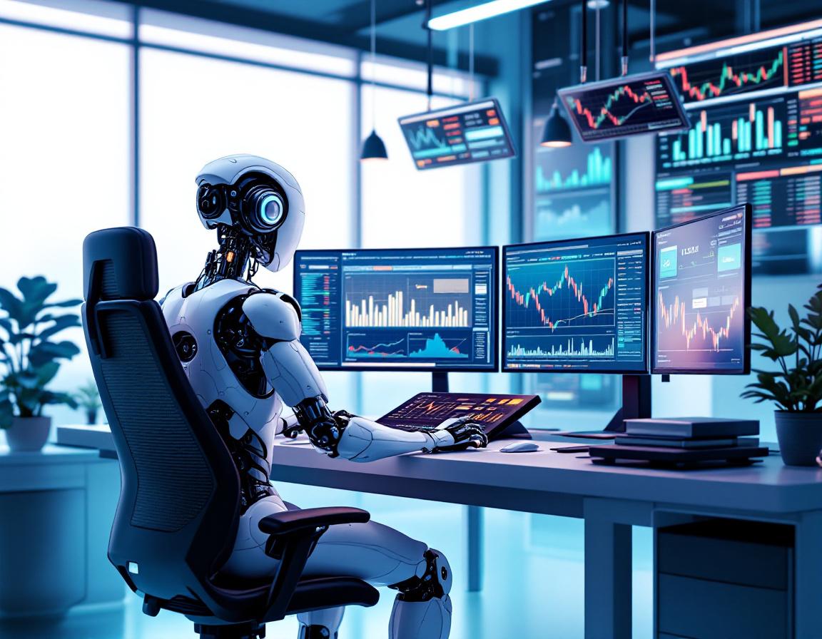 A hyper-realistic AI trading bot analyzing market data at a sleek workstation with multiple screens.