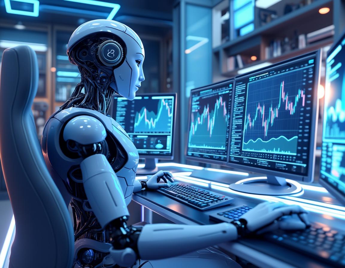 A hyper-realistic AI trading bot in a futuristic setting, analyzing multiple market data screens.