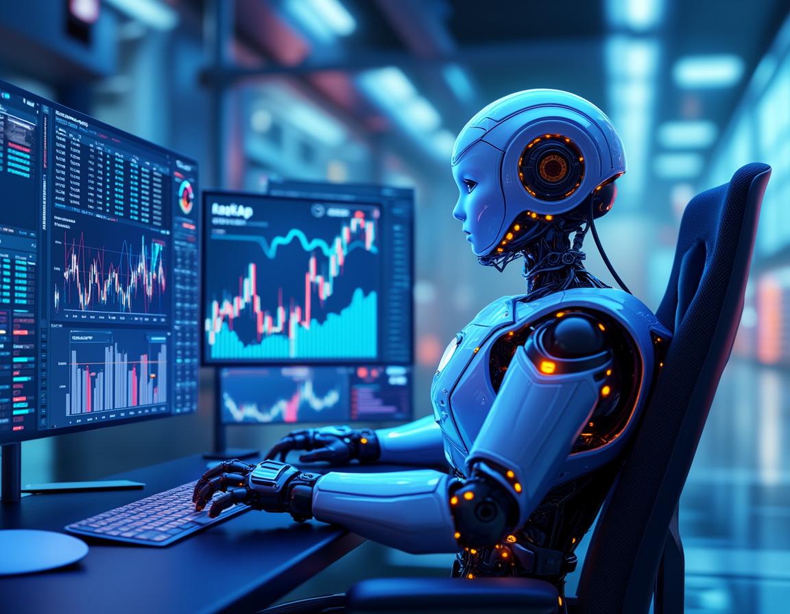 Hyper-realistic AI trading bot in a futuristic setup, analyzing market data on multiple screens.