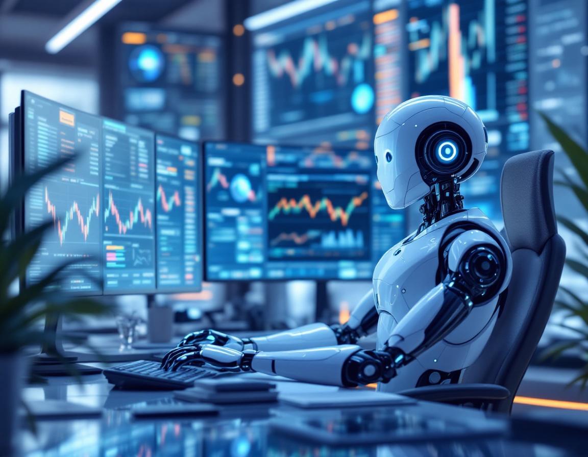 A hyper-realistic AI trading bot in a high-tech workspace analyzes market data on multiple screens.