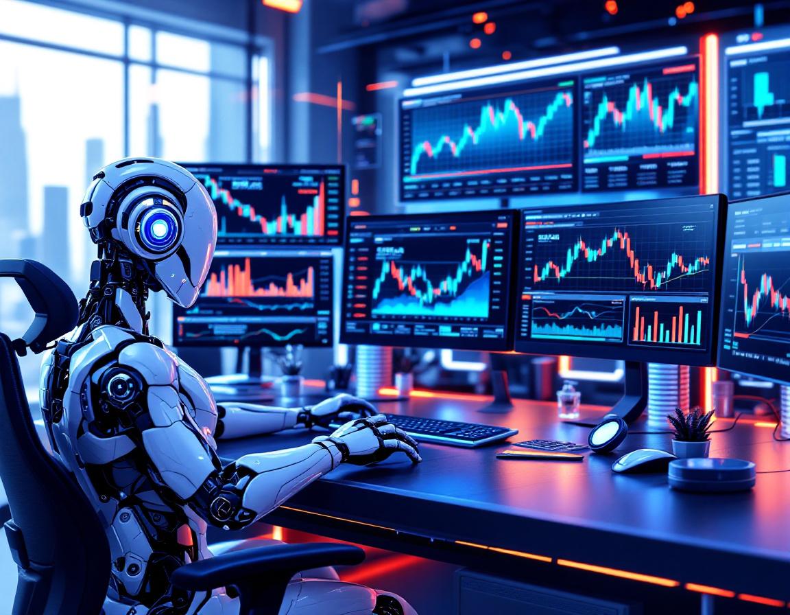 A humanoid AI trading bot analyzes market data at a high-tech workstation with multiple screens.
