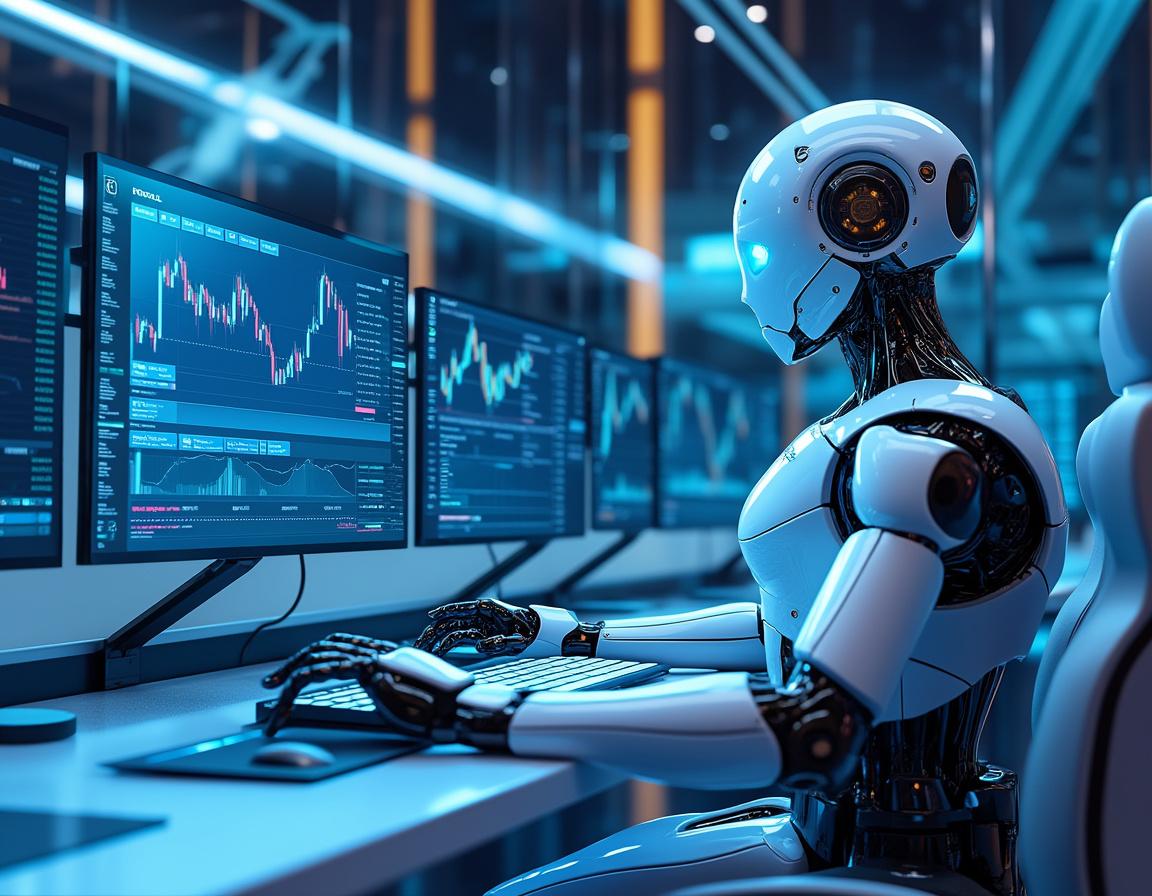 A hyper-realistic AI trading bot analyzes market data at a sleek workstation with glowing screens.