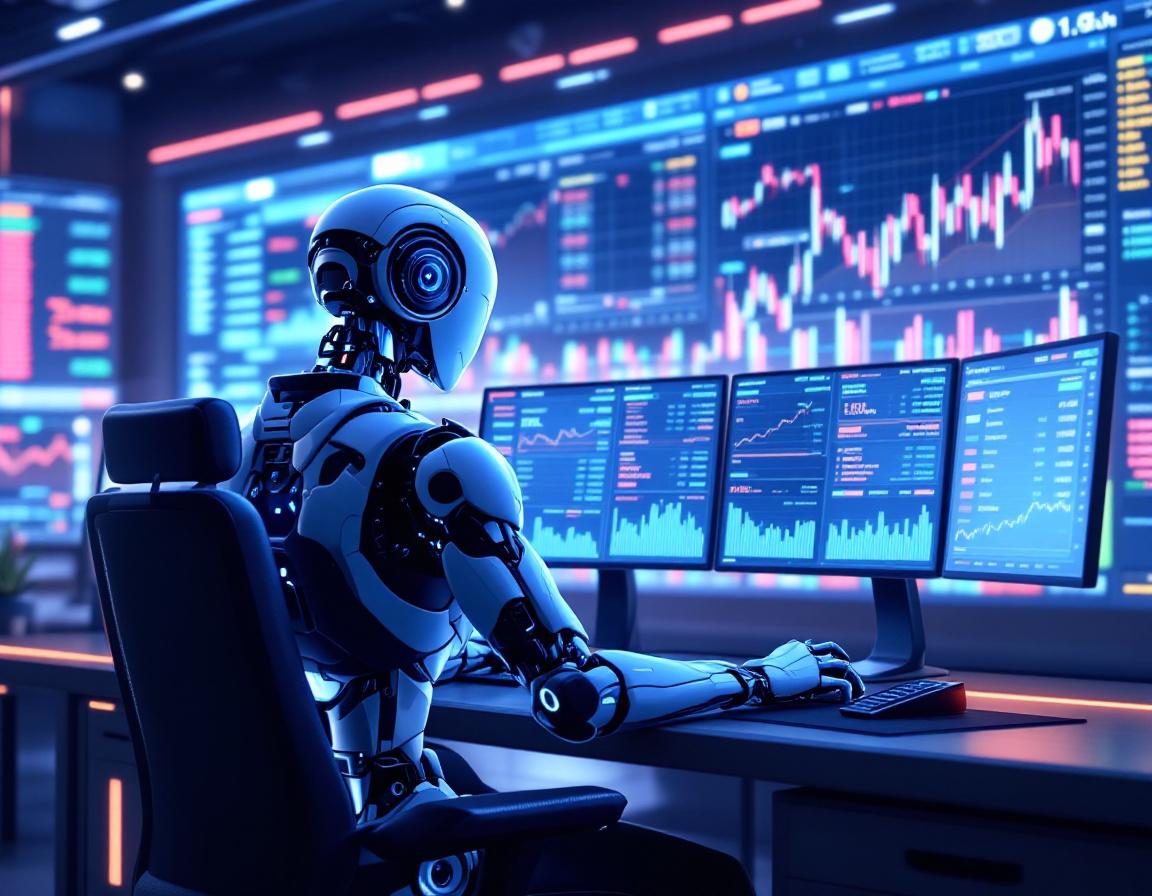 A humanoid AI trading bot analyzes market data at a high-tech workstation with multiple screens.