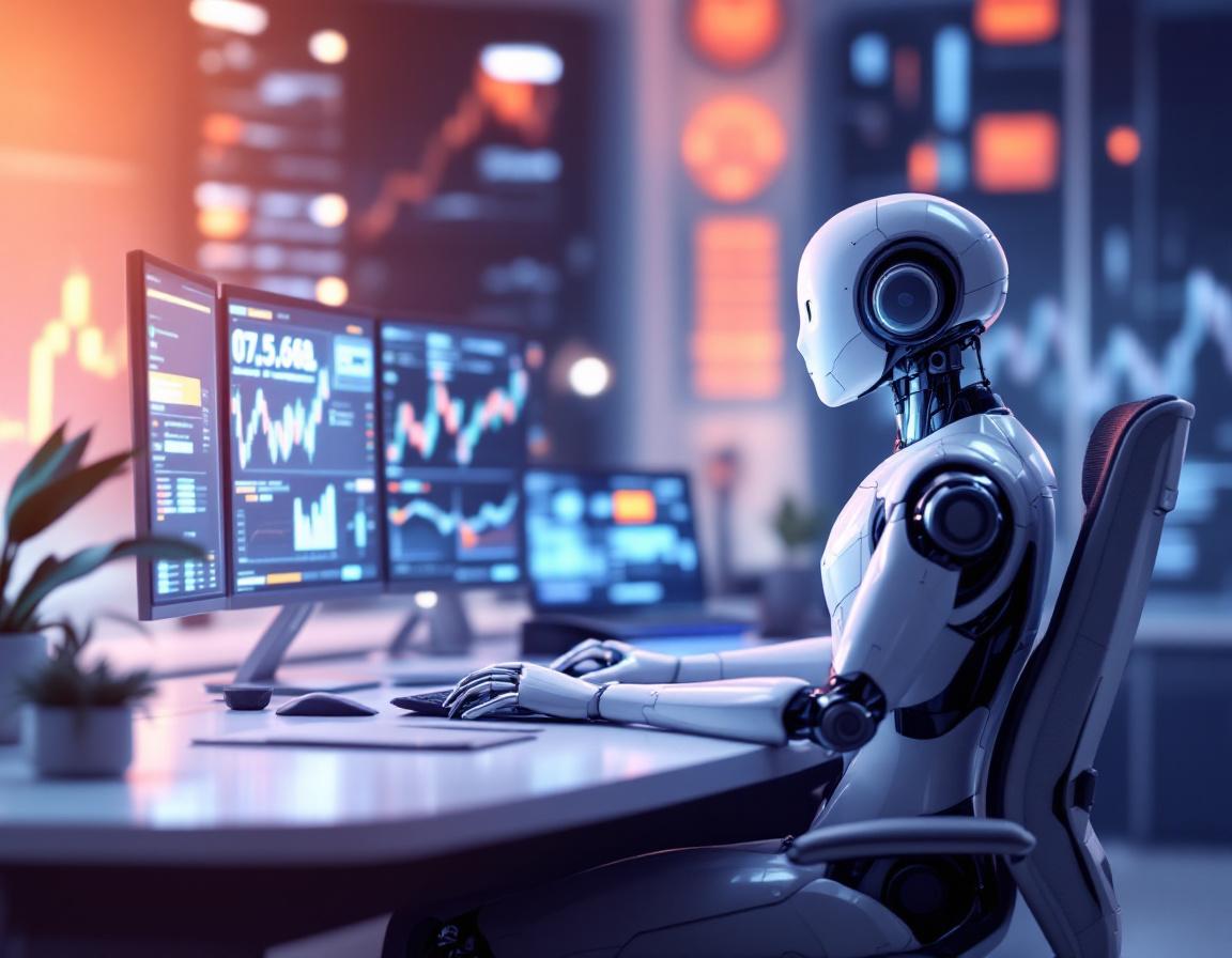 A hyper-realistic AI trading bot at a sleek workstation, analyzing charts in a high-tech setting.