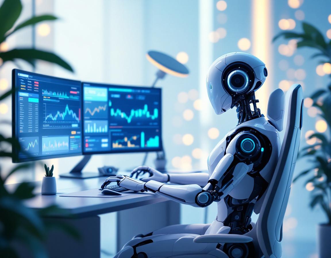 A humanoid AI trading bot at a futuristic workstation, analyzing market data on multiple screens.
