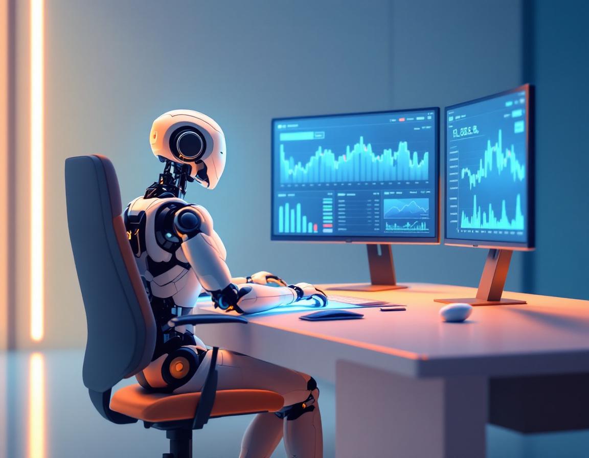 A hyper-realistic AI trading bot at a high-tech workstation analyzing stock and crypto market data.