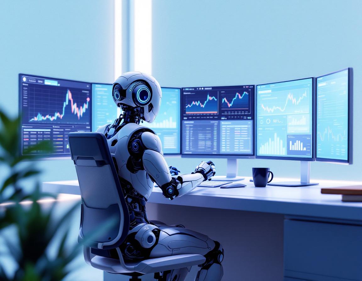 A hyper-realistic AI trading bot in a futuristic environment analyzing crypto and stock market data.