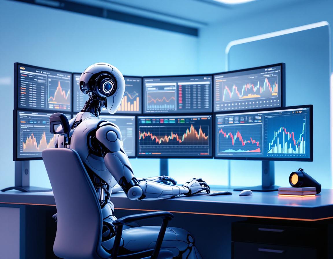 A hyper-realistic AI trading bot, analyzing market data at a workstation with multiple screens.