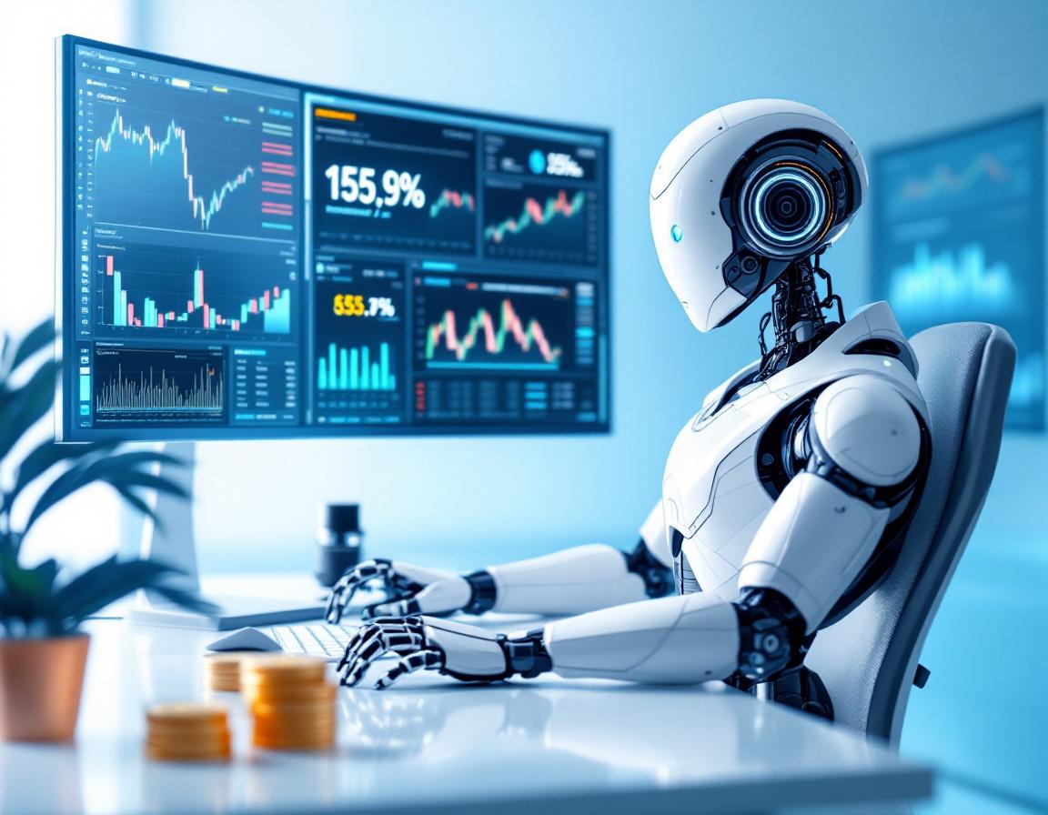 A hyper-realistic humanoid AI trading bot at a workstation analyzing crypto and stock market data.