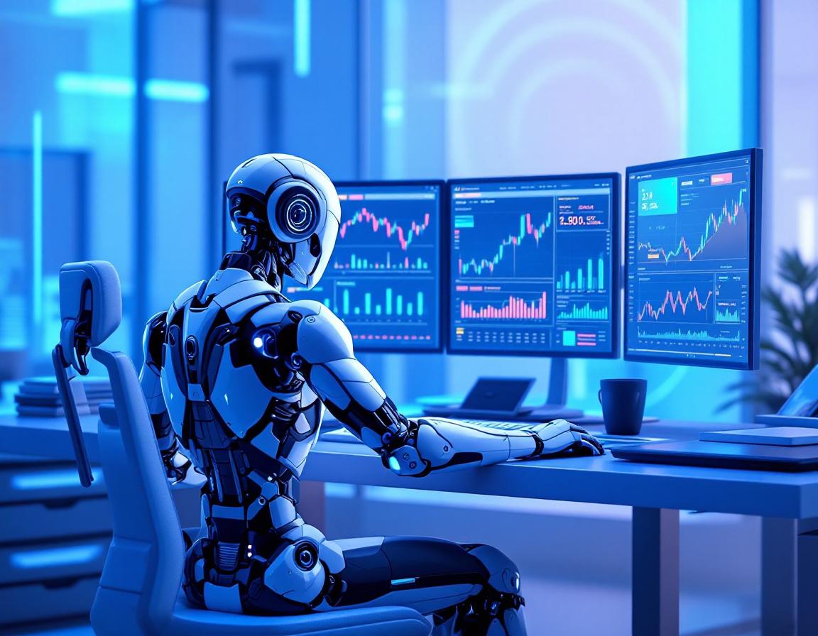 A hyper-realistic AI trading bot at a workstation, analyzing market data on multiple screens.